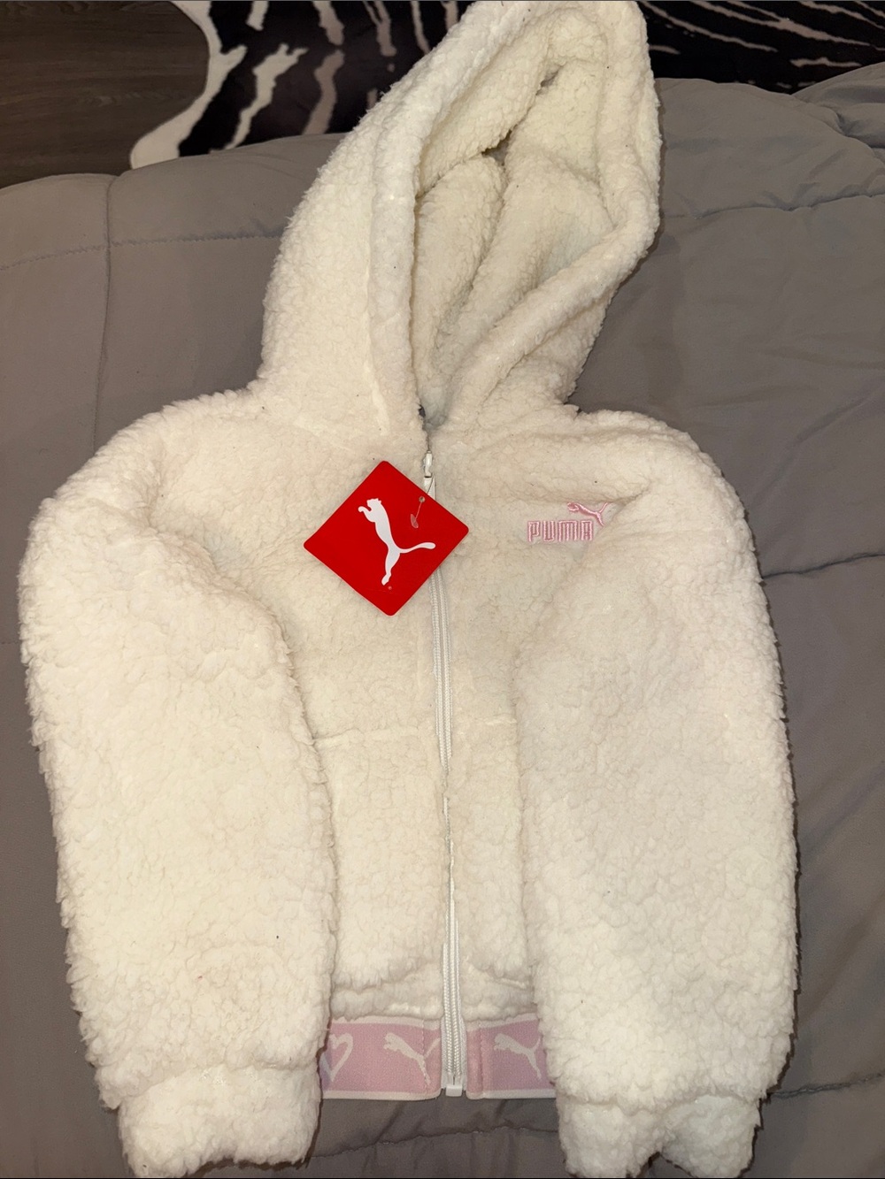 Toddler Puma Cream Sherpa Hoodie with Pink Logo Trim